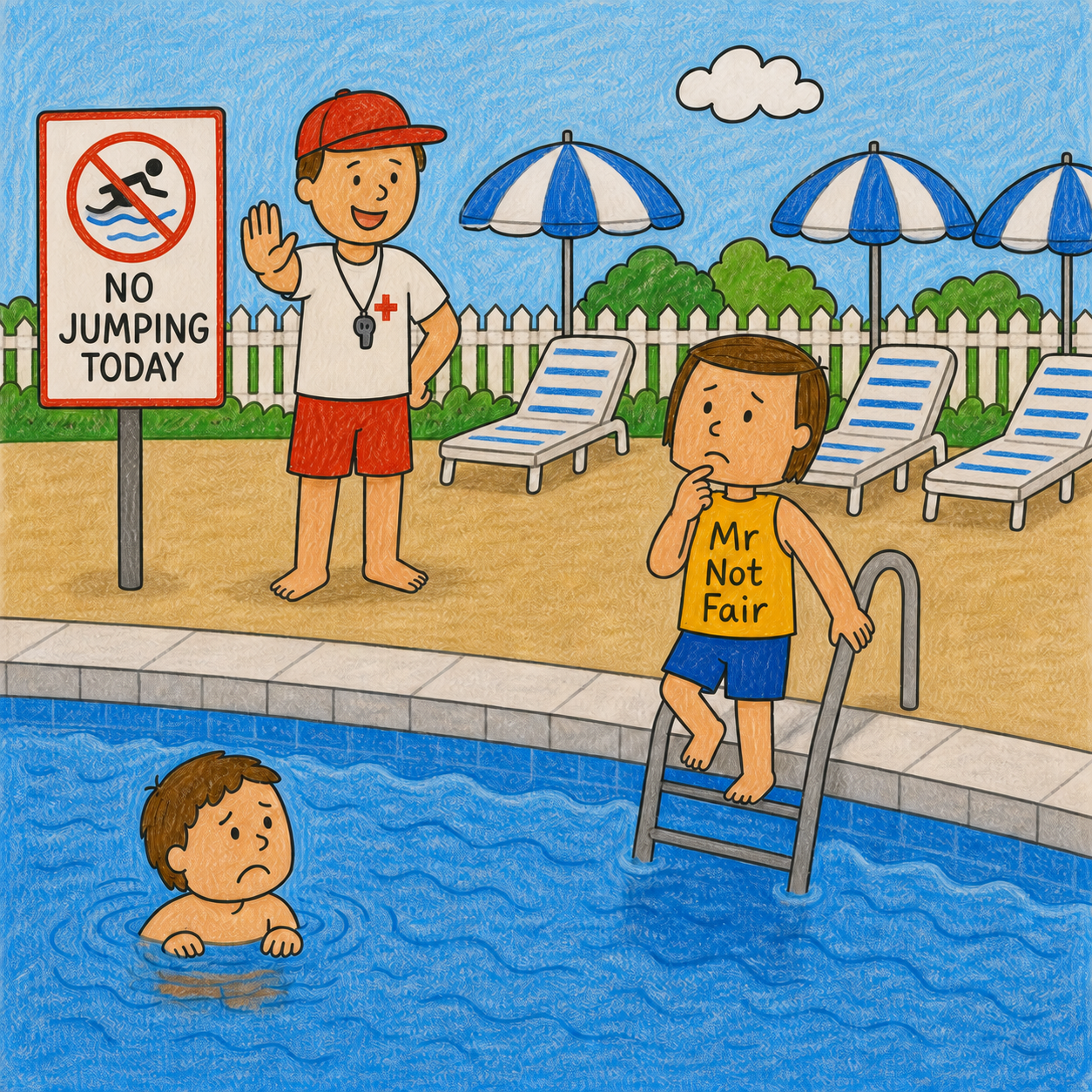 A swimming pool rule scene from Mr. Not-Fair